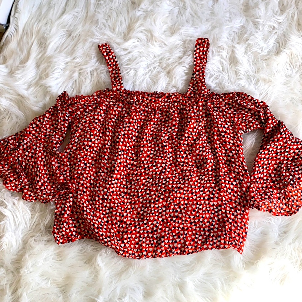 J. Crew | 100% Silk Heart Print Cold Shoulder Top